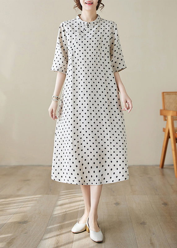 Boutique Stand Collar Dot Print Cotton Long Dress Summer