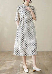 Boutique Stand Collar Dot Print Cotton Long Dress Summer