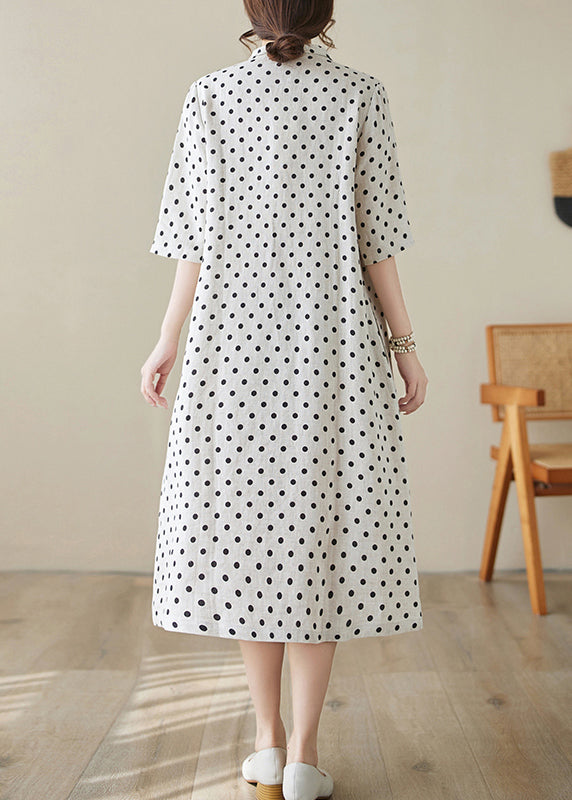 Boutique Stand Collar Dot Print Cotton Long Dress Summer