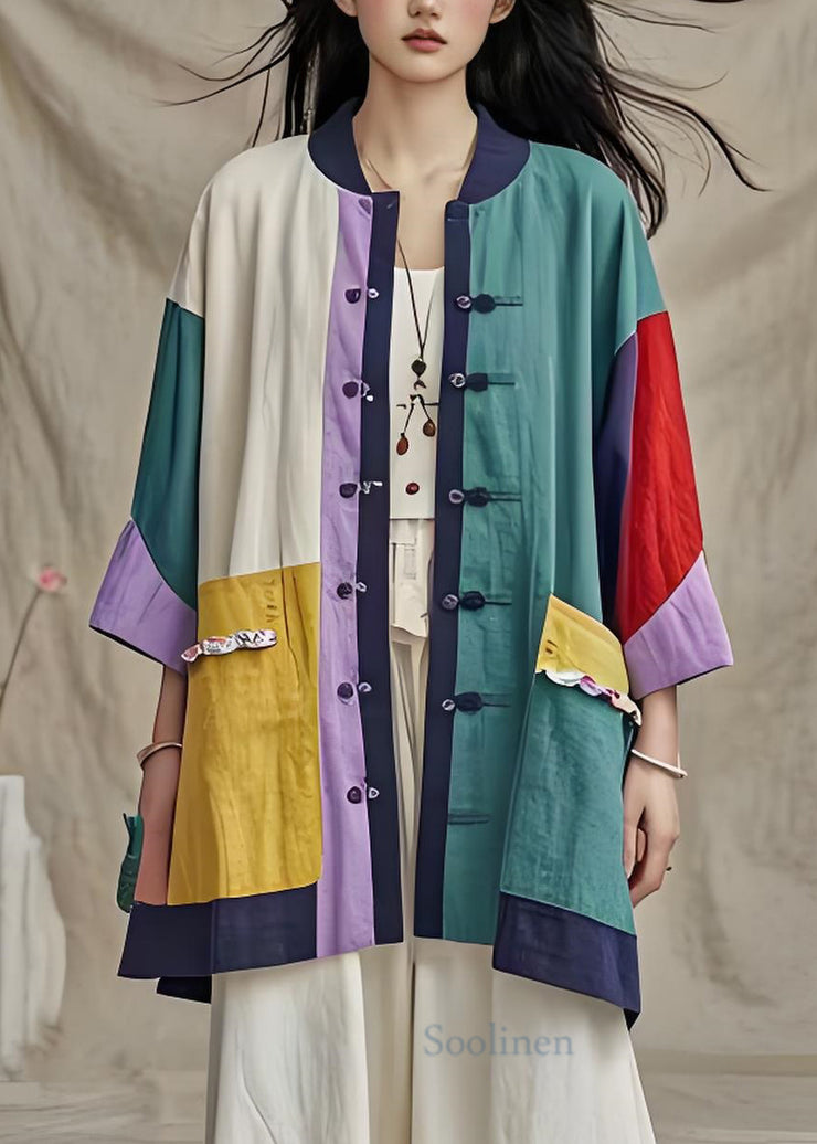 Boutique Stand Collar Pockets Button Patchwork Cotton Cardigan Summer