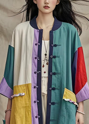 Boutique Stand Collar Pockets Button Patchwork Cotton Cardigan Summer