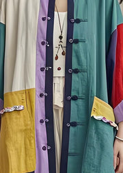 Boutique Stand Collar Pockets Button Patchwork Cotton Cardigan Summer