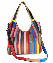 Boutique Striped Colorblock Calf Leather Satchel Bag Handbag