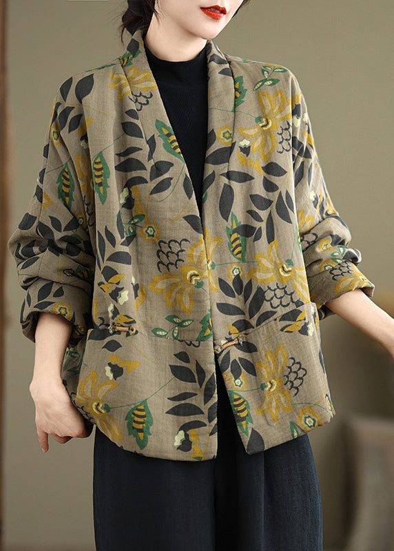 Boutique V Neck Pockets Print Fine Cotton Filled Jackets Spring