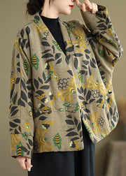 Boutique V Neck Pockets Print Fine Cotton Filled Jackets Spring