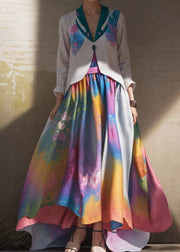 Boutique V Neck Print Wrinkled Patchwork Silk Long Dress Summer