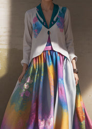 Boutique V Neck Print Wrinkled Patchwork Silk Long Dress Summer