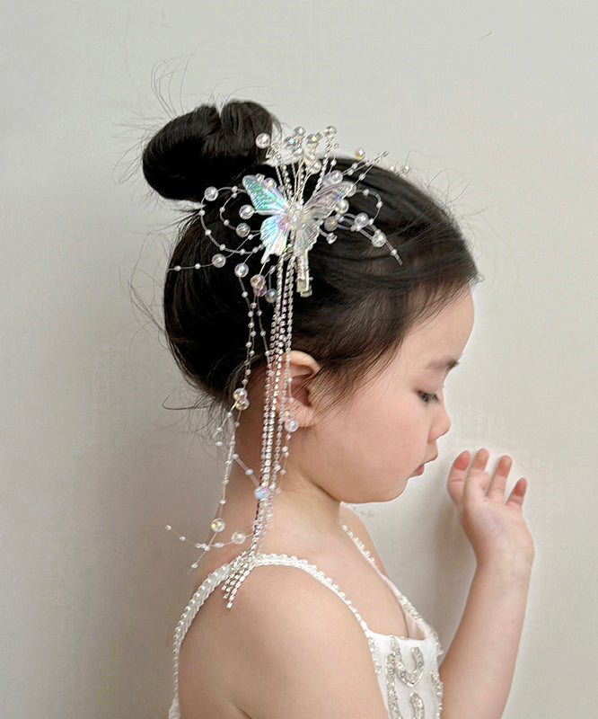 Boutique White Acrylic Alloy Crystal Butterfly Tassel Girls Hairpin