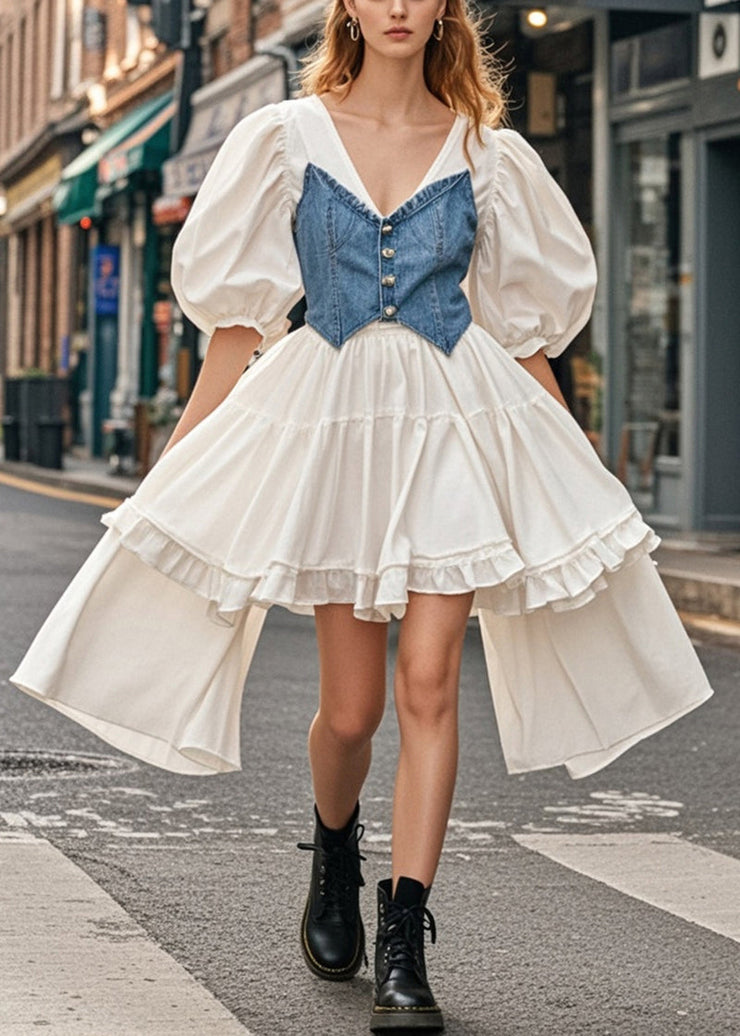 Boutique White Asymmetrical Patchwork Cotton Tea Dress Puff Sleeve