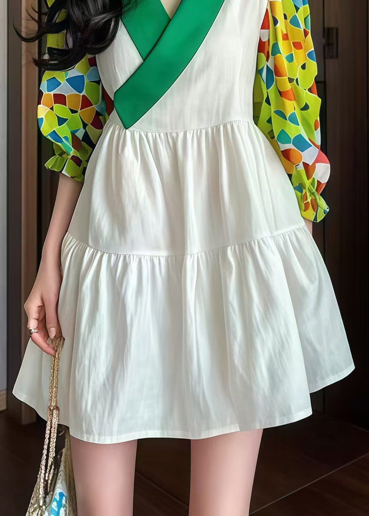 Boutique White Asymmetrical Patchwork Cotton Tea Dresses Fall