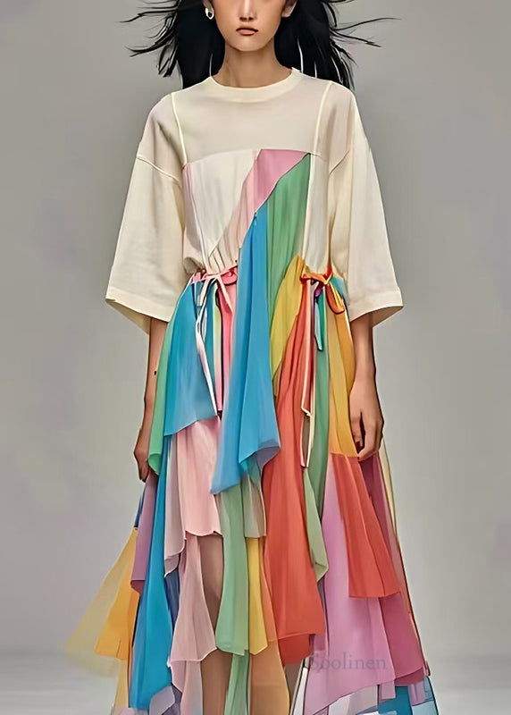 Boutique White Asymmetrical Patchwork Tulle Long Dresses Summer