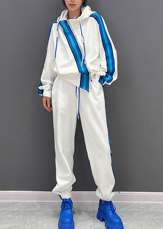 Boutique White Asymmetrical Zippered Striped Hooded Coats And Pants Two Piece Set Fall