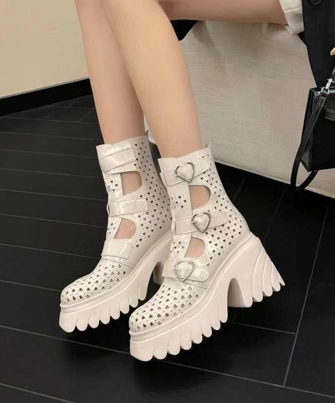 Boutique White Cowhide Leather Hollow Out Buckle Strap Splicing Boots