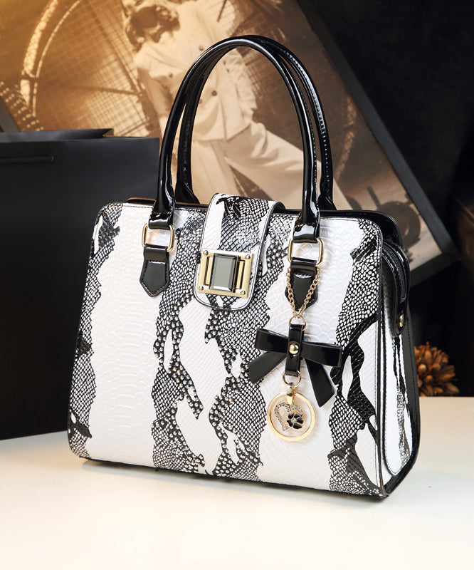 Boutique White Embossed Zircon Calf Leather Tote Handbag