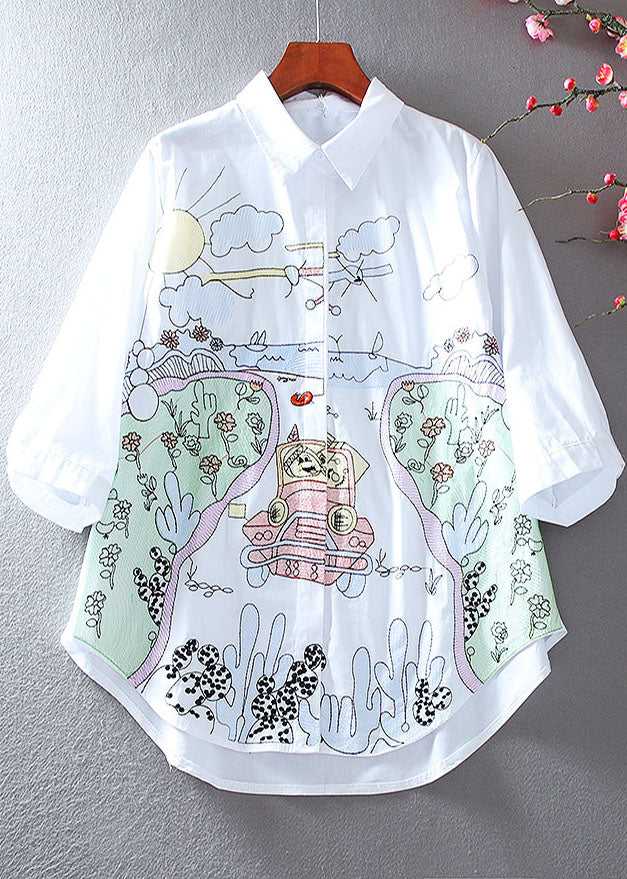 Boutique White Embroidered Cotton Shirt Tops Bracelet Sleeve