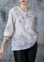 Boutique White Embroidered Nail Bead Oriental Shirt Tops Spring