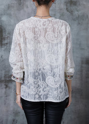 Boutique White Embroidered Nail Bead Oriental Shirt Tops Spring