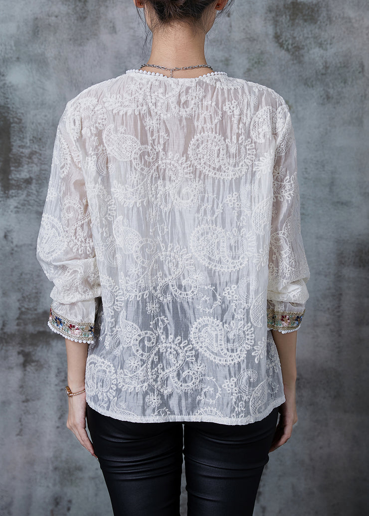 Boutique White Embroidered Nail Bead Oriental Shirt Tops Fall