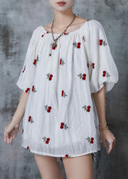 Boutique White Embroideried Cherry Chiffon Tanks Summer