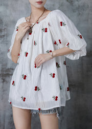 Boutique White Embroideried Cherry Chiffon Tanks Summer