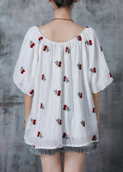 Boutique White Embroideried Cherry Chiffon Tanks Summer