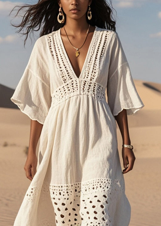 Boutique White Hollow Out Patchwork Cotton Long Dress Summer