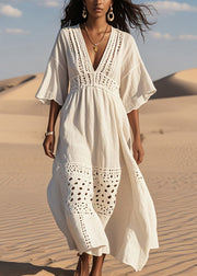 Boutique White Hollow Out Patchwork Cotton Long Dress Summer