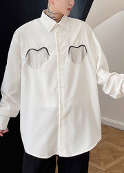 Boutique White Peter Pan Collar Cotton Mens Shirt Long Sleeve