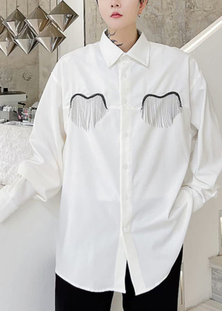 Boutique White Peter Pan Collar Cotton Mens Shirt Long Sleeve