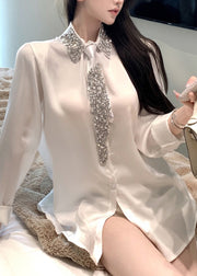 Boutique White Peter Pan Collar Zircon Silk Shirt Top Spring