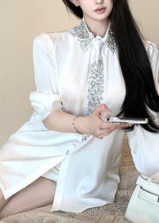 Boutique White Peter Pan Collar Zircon Silk Shirt Top Spring