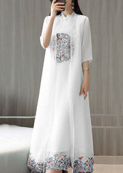 Boutique White Ruffled Embroideried Patchwork Silk Two Pieces Set Summer