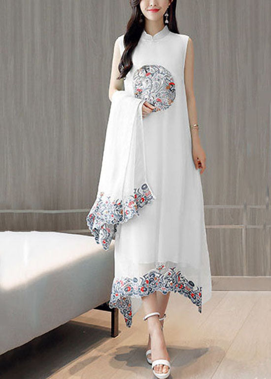 Boutique White Ruffled Embroideried Patchwork Silk Two Pieces Set Summer