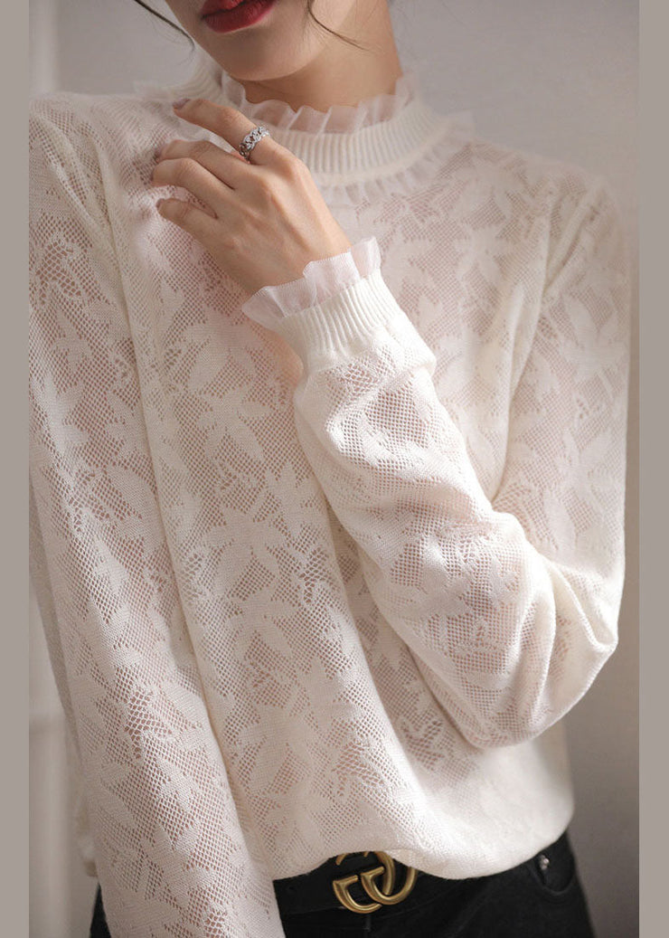 Boutique White Ruffled Patchwork Jacquard Lace Shirts Spring