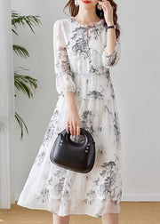 Boutique White Ruffled Print Patchwork Silk Dress Summer