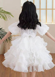 Boutique White Ruffled Sequins Patchwork Tulle Kids Girls Party Dresses Summer