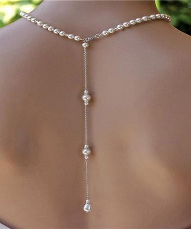 Boutique White Stainless Steel Pearl Chain Tassel Lariat Necklace