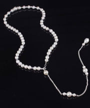 Boutique White Stainless Steel Pearl Chain Tassel Lariat Necklace