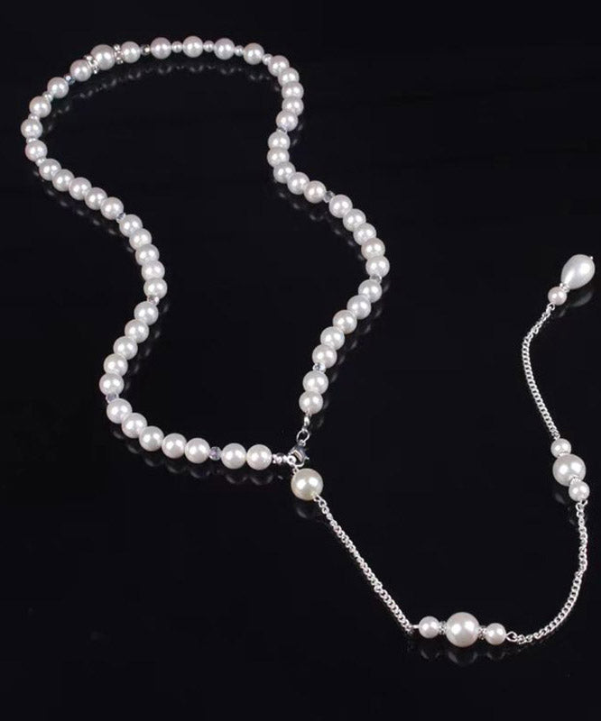 Boutique White Stainless Steel Pearl Chain Tassel Lariat Necklace