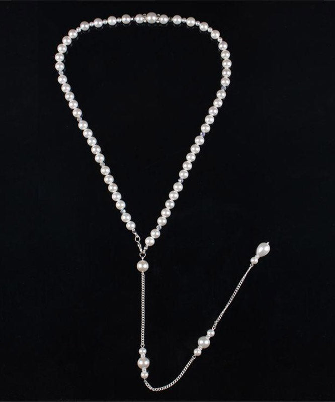 Boutique White Stainless Steel Pearl Chain Tassel Lariat Necklace