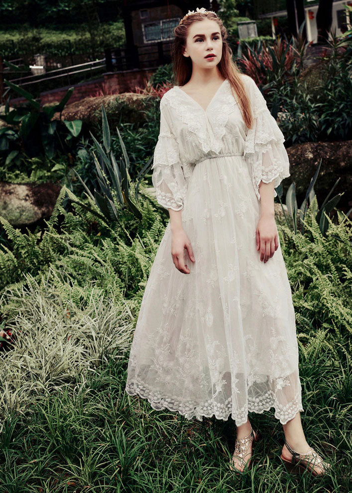 Boutique White V Neck Embroideried Ruffles Lace Maxi Dress Flare Sleeve