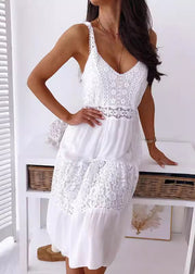 Boutique White V Neck Lace Patchwork Cotton Spaghetti Strap Dress Summer