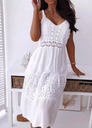 Boutique White V Neck Lace Patchwork Cotton Spaghetti Strap Dress Summer