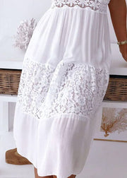 Boutique White V Neck Lace Patchwork Cotton Spaghetti Strap Dress Summer