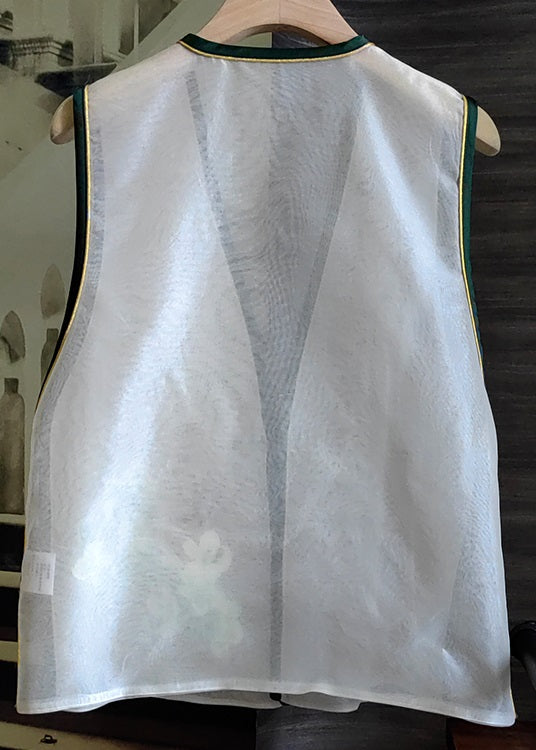 Boutique White V Neck Patchwork Embroideried Side Open Silk Vest Sleeveless