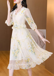 Boutique White V Neck Ruffled Print Chiffon Dresses Summer