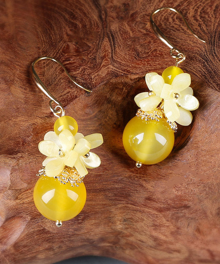 Boutique Yellow Agate Copper Jade Floral Drop Earrings