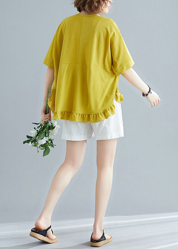 Boutique Yellow Asymmetrical Patchwork Ruffled Cotton T Shirt Short Sleeve