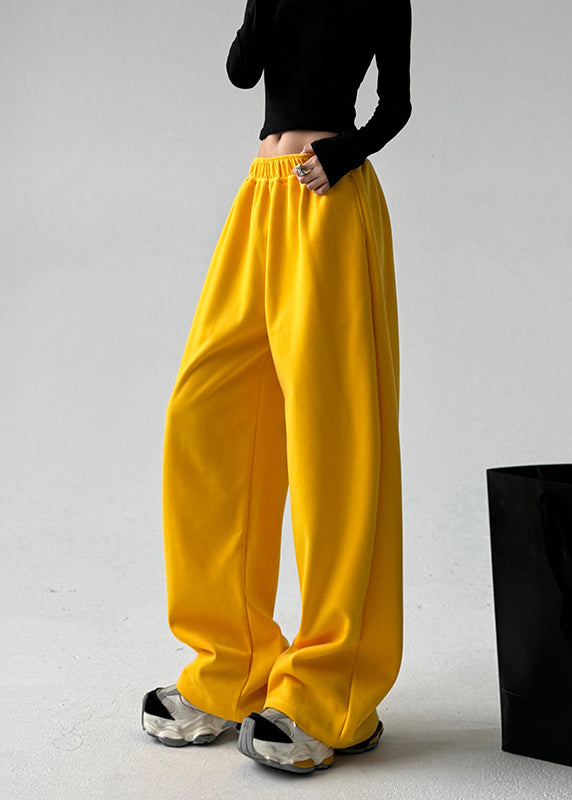 Boutique Yellow Elastic Waist Pockets Solid Pants Spring