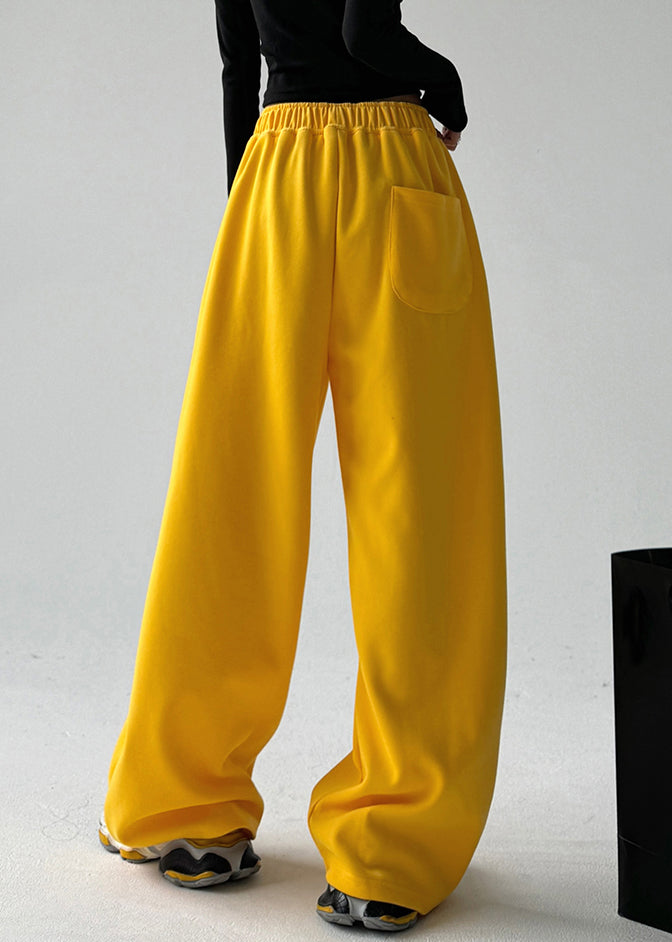 Boutique Yellow Elastic Waist Pockets Solid Pants Spring